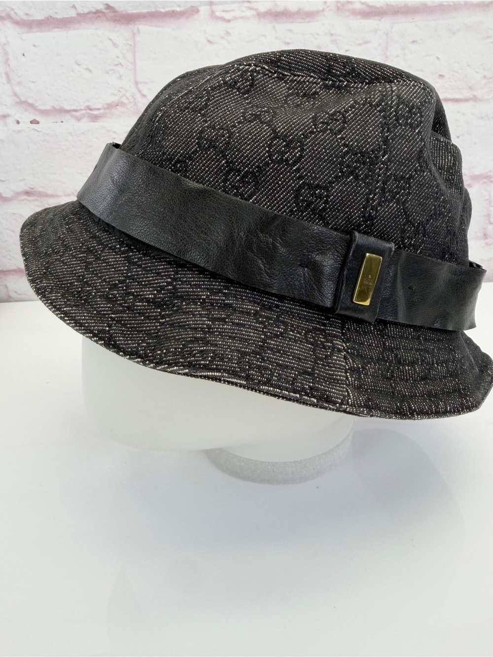Gucci Black Monogram Denim Bucket Hat Leather Band Small